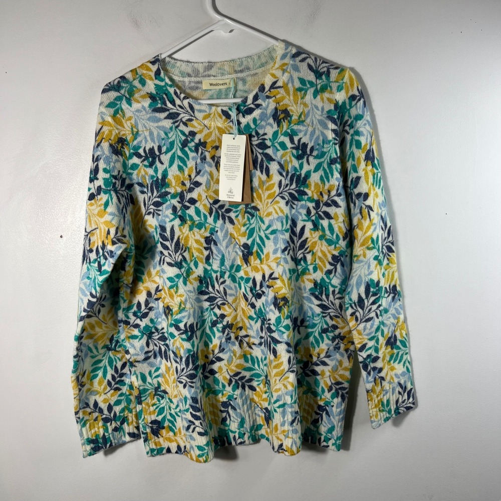 Woolovers Womens Large Botanical Leaf Print Crew Neck Knit Sweater Yellow Teal